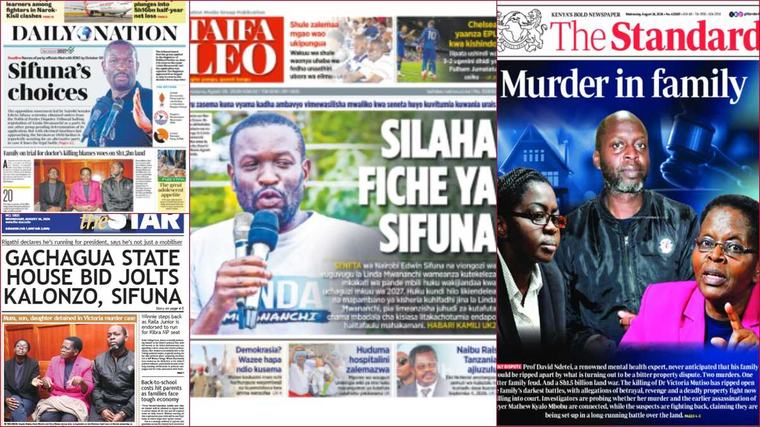 Newspapers, August 26: Sifuna eyes 2 alternative parties as Linda Mwananchi registration hit snag